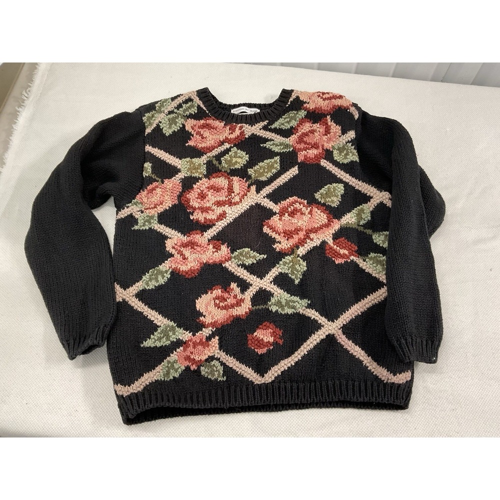 Knitted by Hand VTG Sweater Floral ‎ Pullover Sz S Cotton Grandmacore
